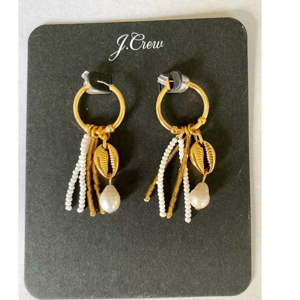 J. Crew Gold Tone Shell Pearl Dangle Earrings NWT